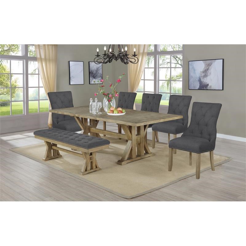 Rustic Oak Wood Dining Set with Chairs and Bench Upholstered with Gray Linen
