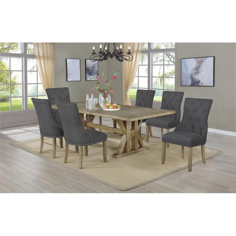 Rustic Oak Wood 7pc Dining Set with Extendable Table + 6 Gray Linen Chairs