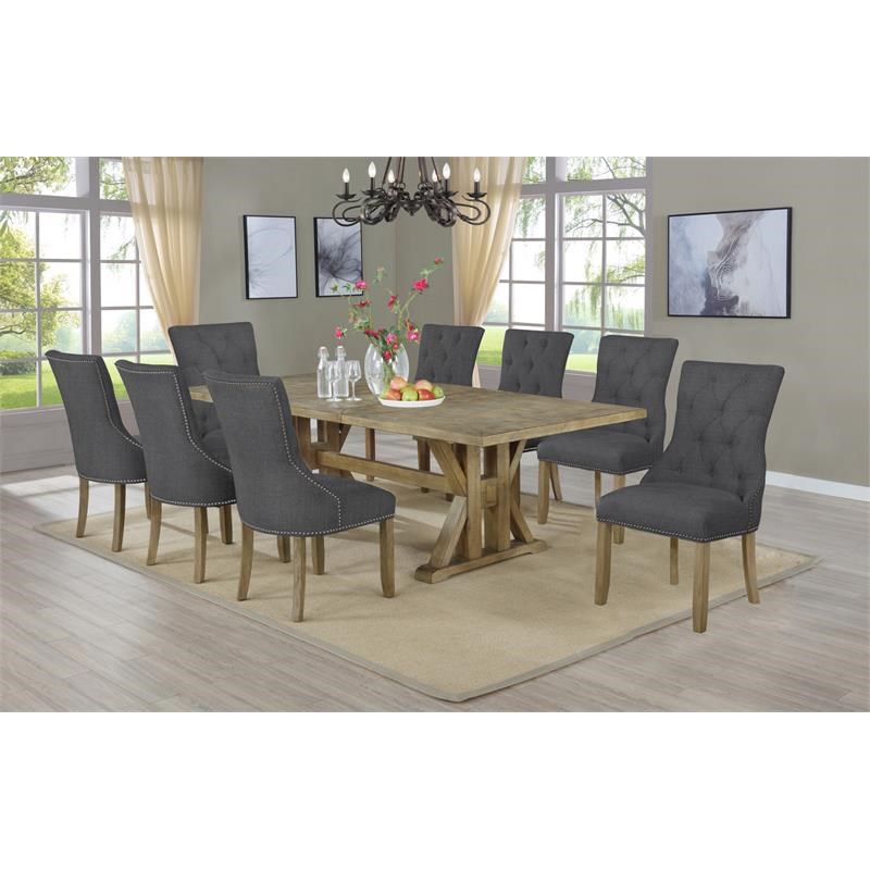 Rustic Oak Wood 9pc Dining Set with Extendable Table + 8 Gray Linen Chairs