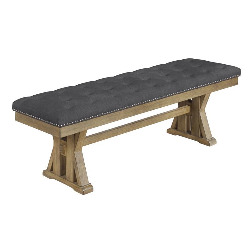 Gray Linen Fabric Dining Bench with Tufted Seat and Rustic Oak Wood