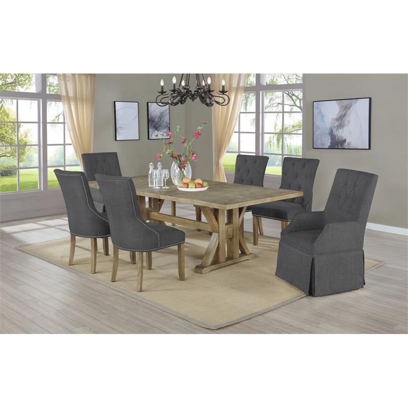 Rustic Oak Wood 7pc Dining Set with Gray Linen Side Chairs + Arm Chairs