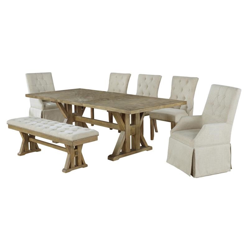 Rustic Oak Wood Dining Set with Beige Linen Bench + Arm Chairs + Side Chairs