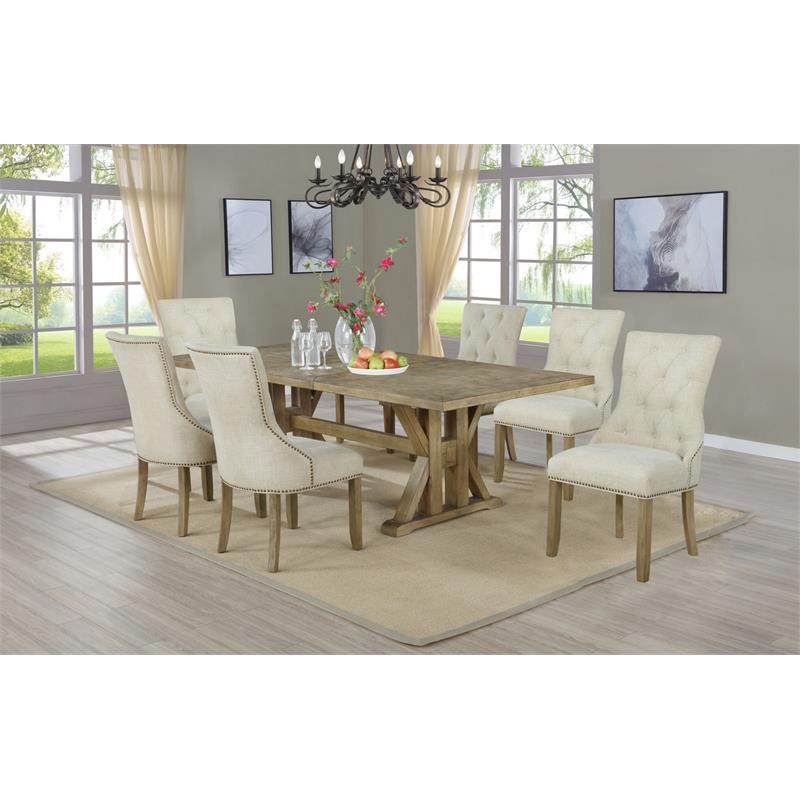 Rustic Oak Wood 7pc Dining Set with Extendable Table + 6 Beige Linen Chairs