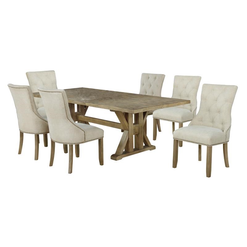 Rustic Oak Wood 7pc Dining Set with Extendable Table + 6 Beige Linen Chairs