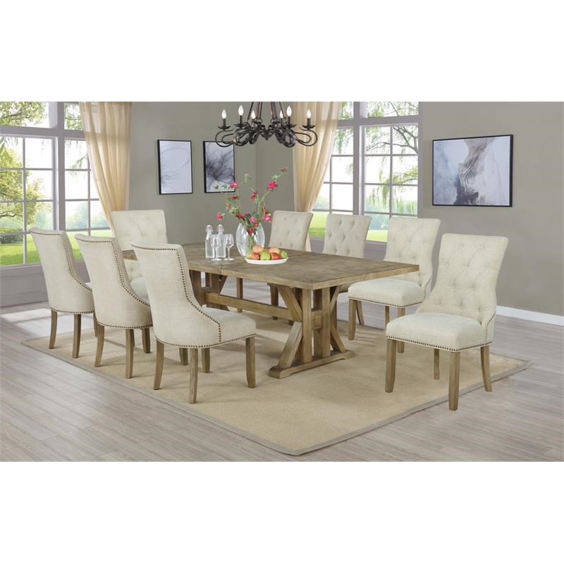 Rustic Oak Wood 9pc Dining Set with Extendable Table + 8 Beige Linen Chairs