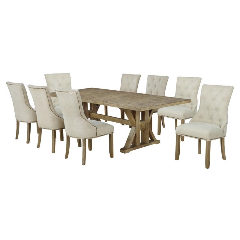 Rustic Oak Wood 9pc Dining Set with Extendable Table + 8 Beige Linen Chairs