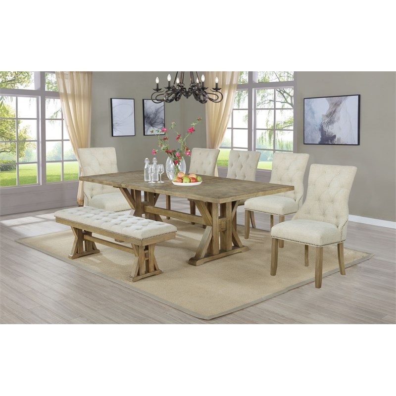 Beige Linen Fabric Dining Bench with Tufted Seat and Rustic Oak Wood