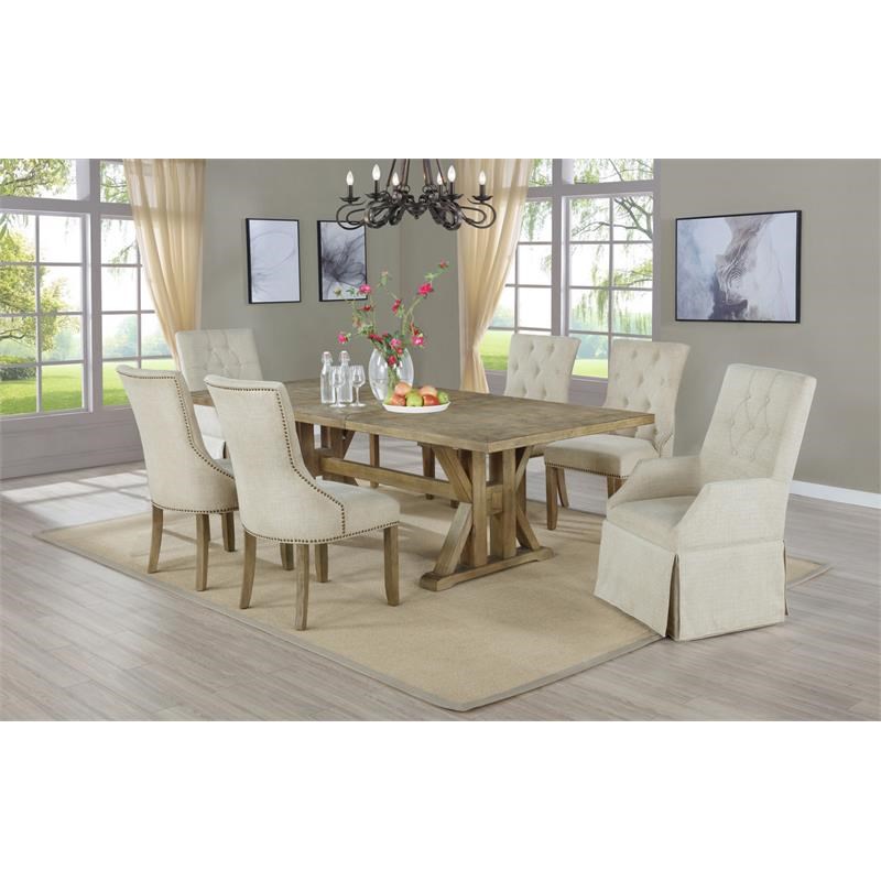 Rustic Oak Wood 7pc Dining Set with Beige Linen Side Chairs + Arm Chairs