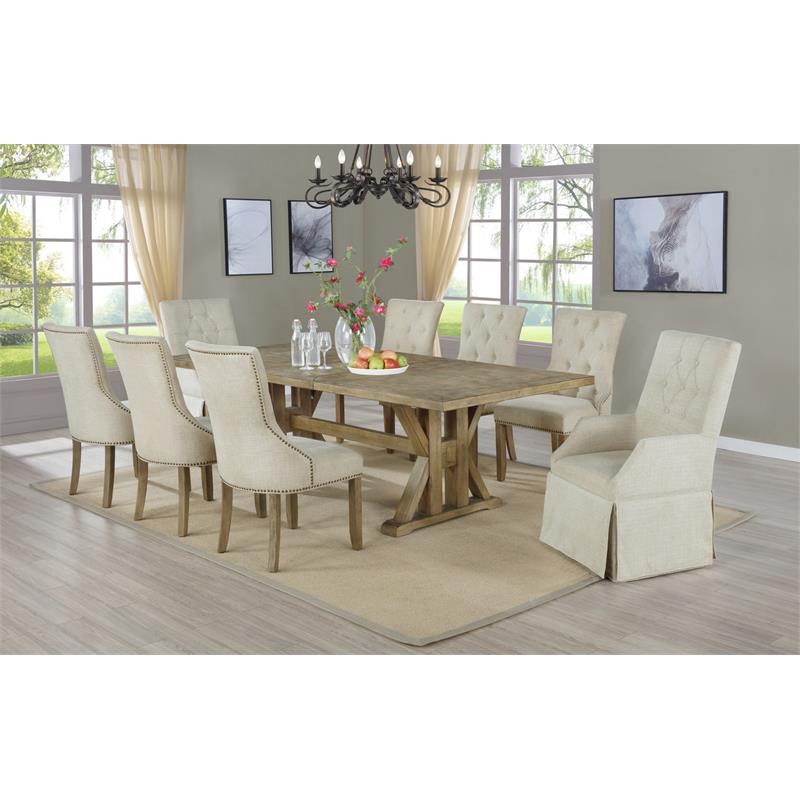 Rustic Oak Wood 9pc Dining Set with Beige Linen Side Chairs + Arm Chairs