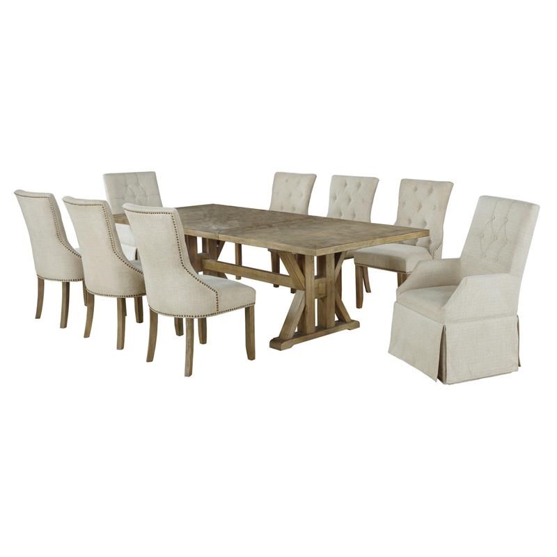 Rustic Oak Wood 9pc Dining Set with Beige Linen Side Chairs + Arm Chairs