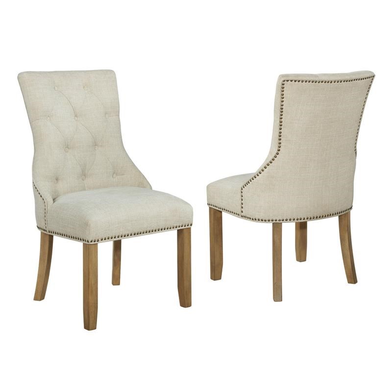 Beige Linen Fabric Dining Chairs with Rustic Oak Wood (Set of 2)