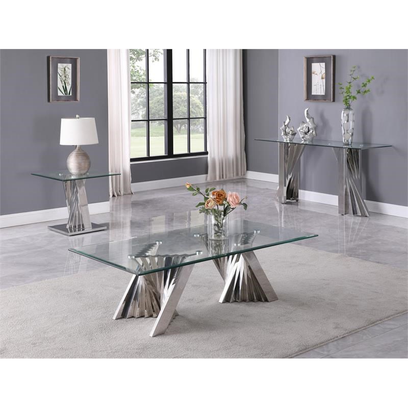 Geometric Clear Glass Sofa End Table with Silver Stainless Steel