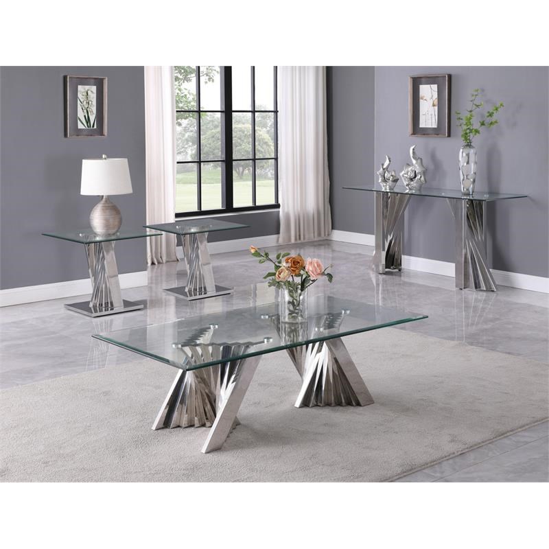 Geometric Clear Glass Coffee + 2 End + Console Set with Silver Stainless Steel