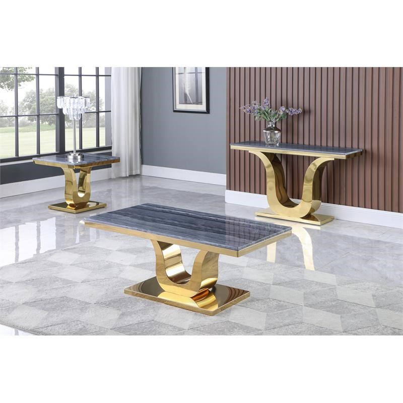 Genuine Gray Marble Top Coffee Table with Gold Stainless Steel Base