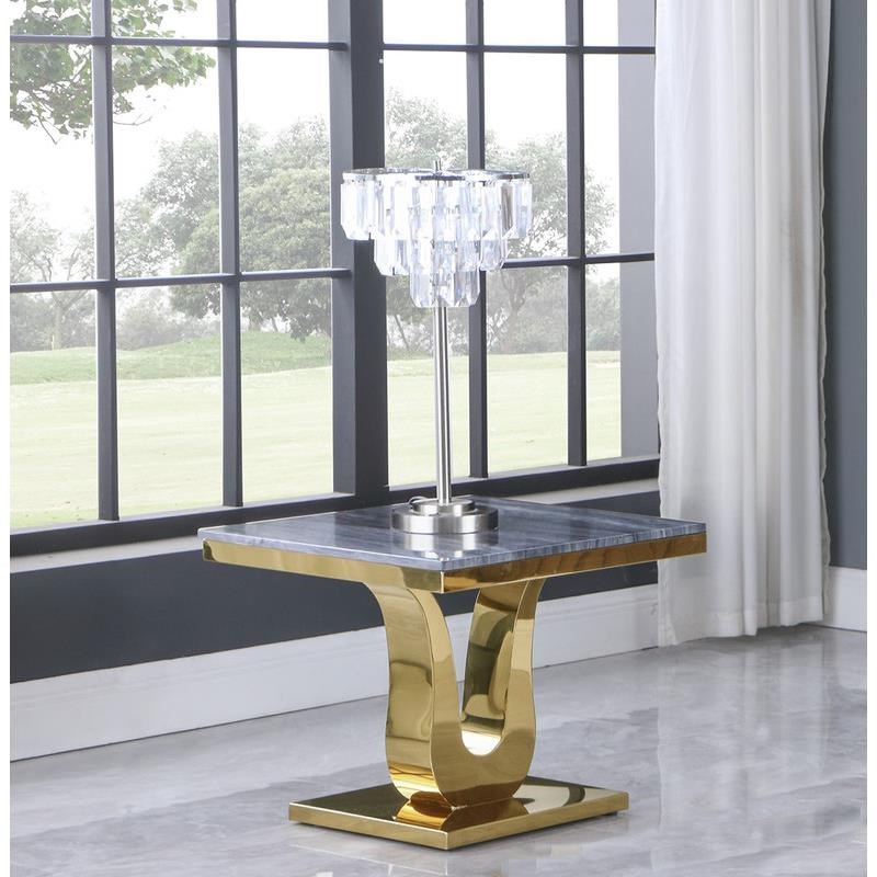 Genuine Gray Marble Top End Table with Gold Stainless Steel Base