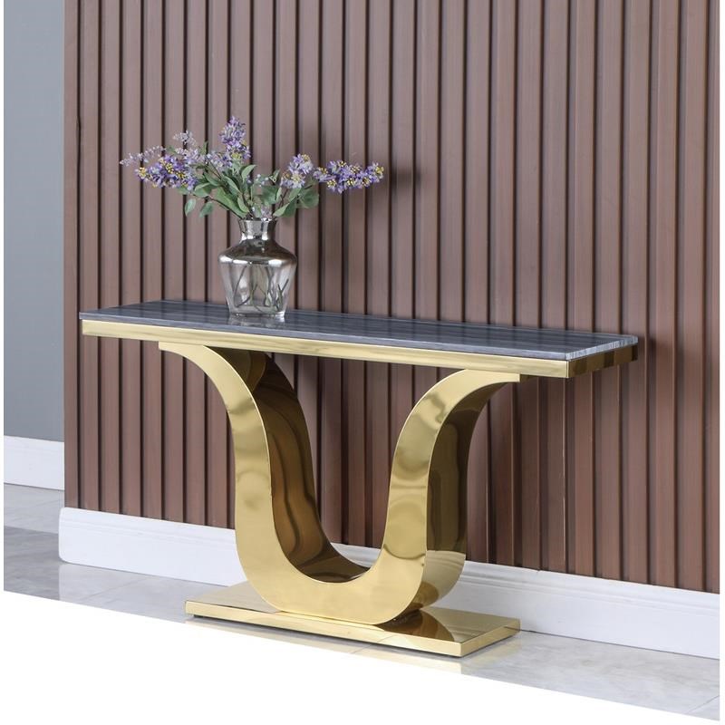 Genuine Gray Marble Top Console Table with Gold Stainless Steel Base