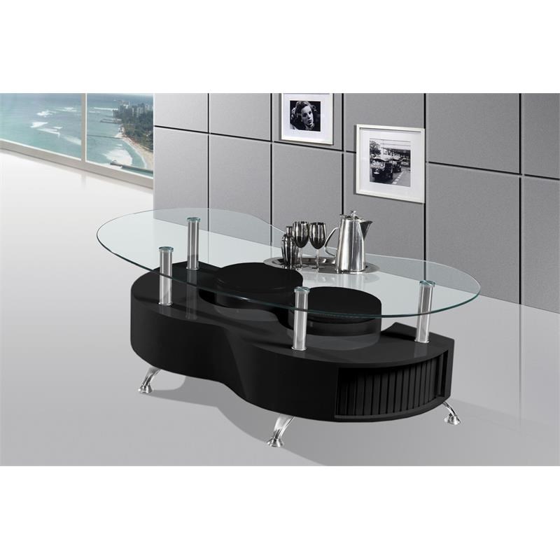 Glossy Black Coffee Table with a Clear Glass Top and 2 Stools
