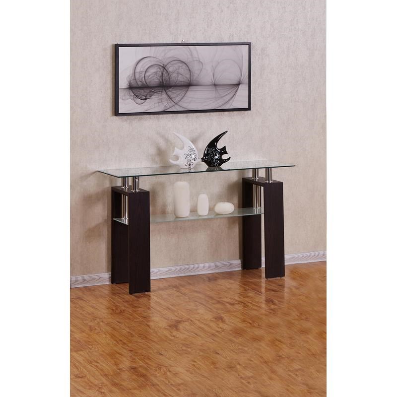 Clear Glass Console Table with Espresso Legs and Bottom Glass Shelf