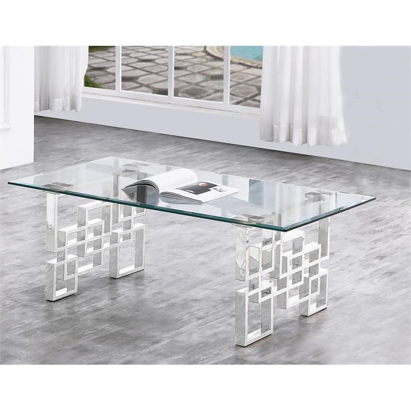 Contemporary Clear Glass Coffee Table with Silver Stainless Steel Base