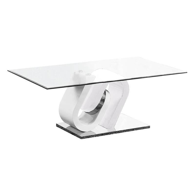 Clear Glass Coffee Table with White Glossy Support and Stainless Steel Base