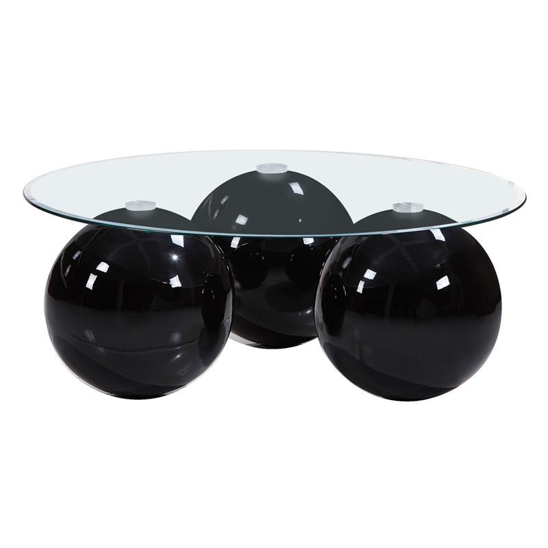 Modern Black Coffee Table with Clear Glass Top and Spherical Base