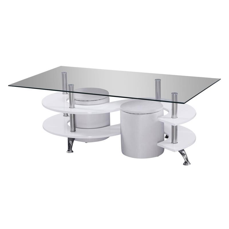 Contemporary Glass Coffee Table with White Faux Leather Stools