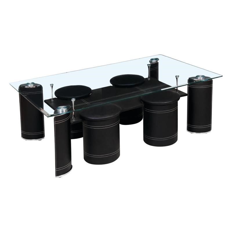 Clear Glass Coffee Table with Black Faux Leather Stools and Base
