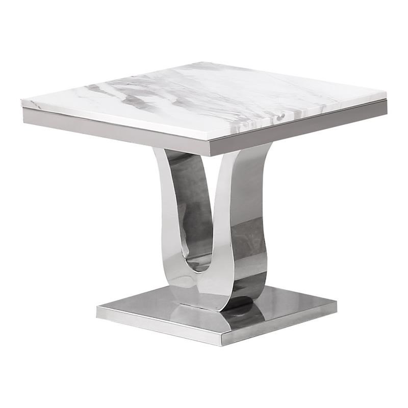 Genuine White Marble 2pc Coffee Table Set with Silver Stainless Steel Base