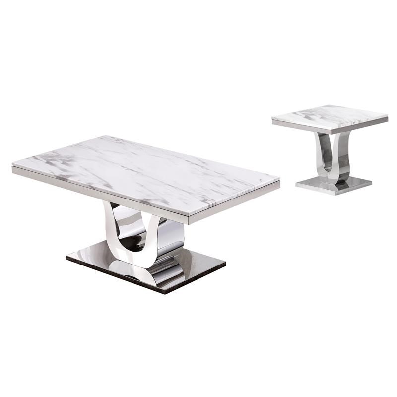 Genuine White Marble 2pc Coffee Table Set with Silver Stainless Steel Base