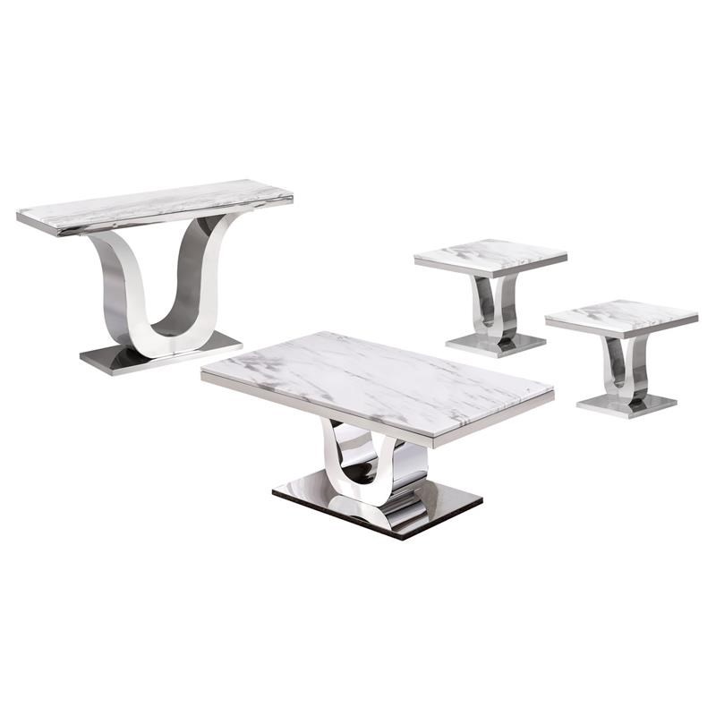 Genuine White Marble 4pc Coffee Table Set with Silver Stainless Steel Base