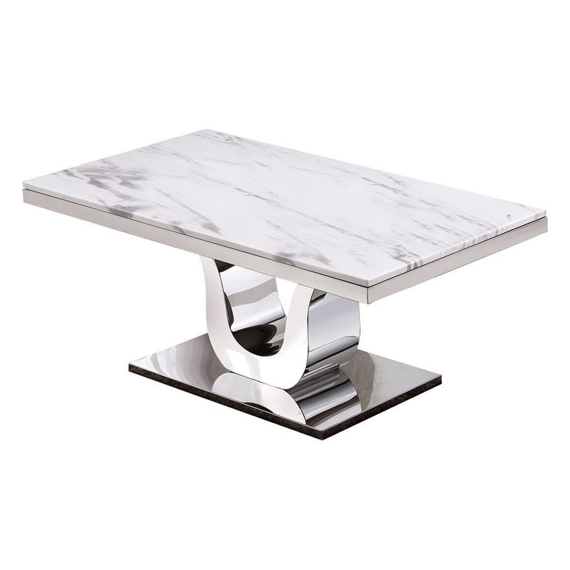 Genuine White Marble 3pc Coffee Table Set with Silver Stainless Steel Base