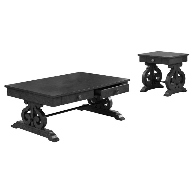Traditional 2pc Coffee Table Set in Rustic Dark Gray Wood with Drawer Storage