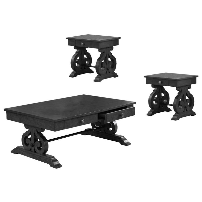 Traditional 3pc Coffee Table Set in Rustic Dark Gray Wood with Drawer Storage