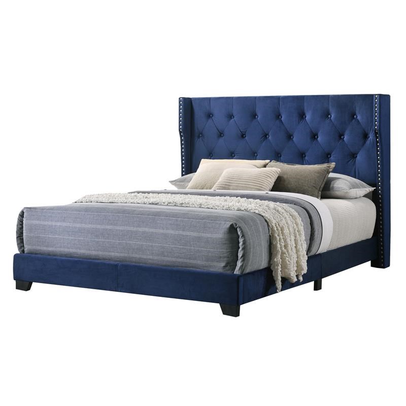 Navy Blue Velvet Panel Bed with Tufted Headboard in Queen Size Homesquare