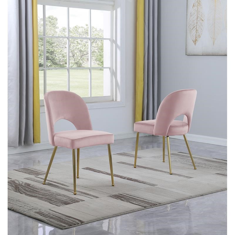 Contemporary Pink Velvet Side Chairs with Gold Chrome Base (Set of 2
