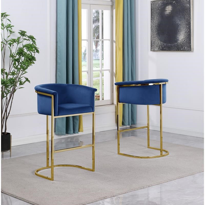 Navy Blue Velvet Counterheight Chair (Single) with Gold Metal Chrome Base