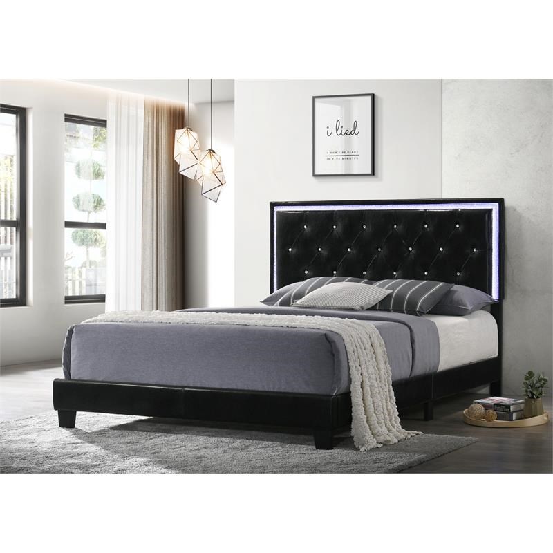 Black Faux Leather Panel Bed with LED Light Up Headboard in Twin