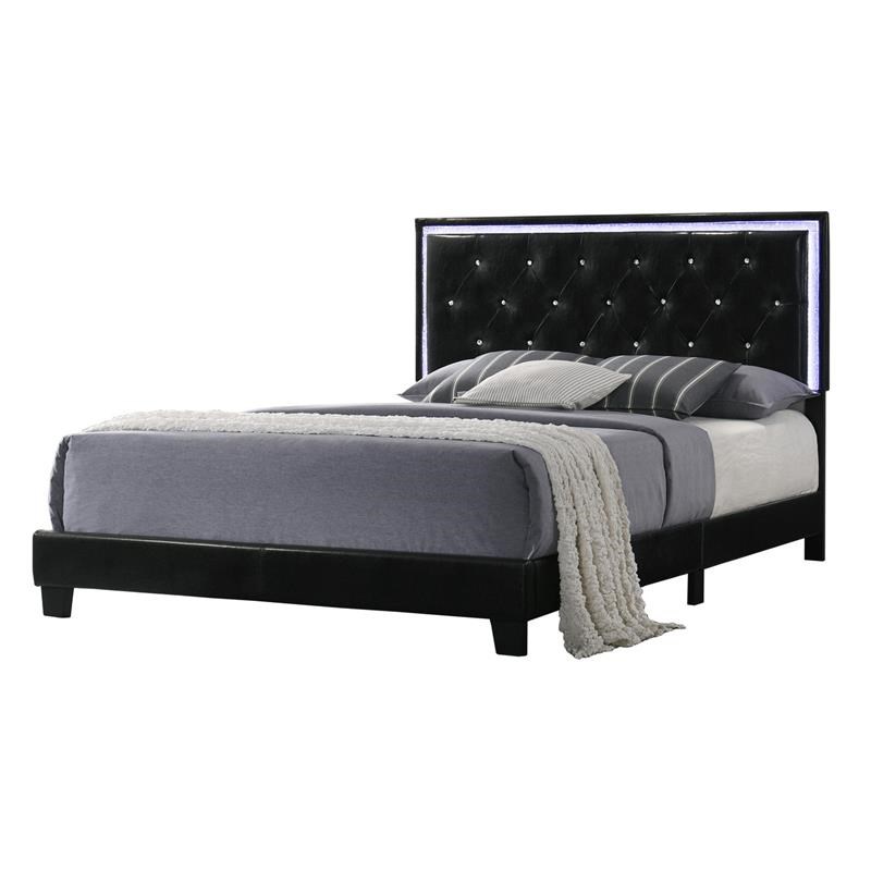 Black Faux Leather Panel Bed with LED Light Up Headboard in Twin