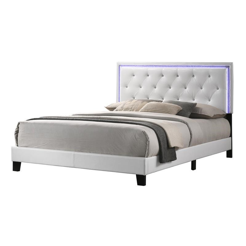 White Faux Leather Panel Bed with LED Light Up Headboard in Full