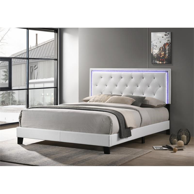 White Faux Leather Panel Bed with LED Light Up Headboard in Twin