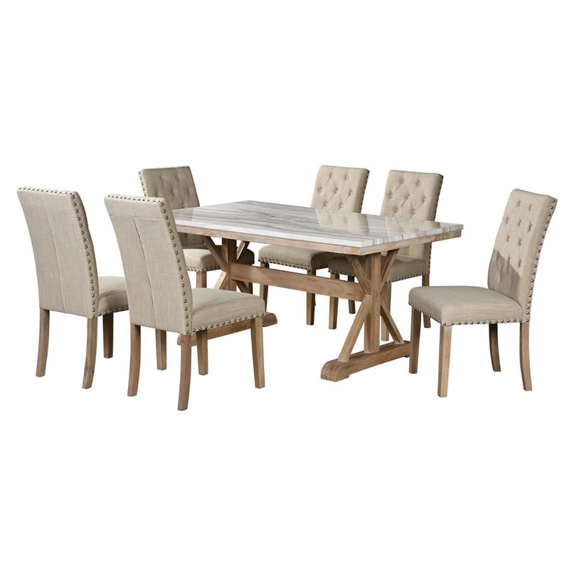 Rustic Natural Wood 7pc Dining Set with a Faux Marble Top Table and Beige Chairs