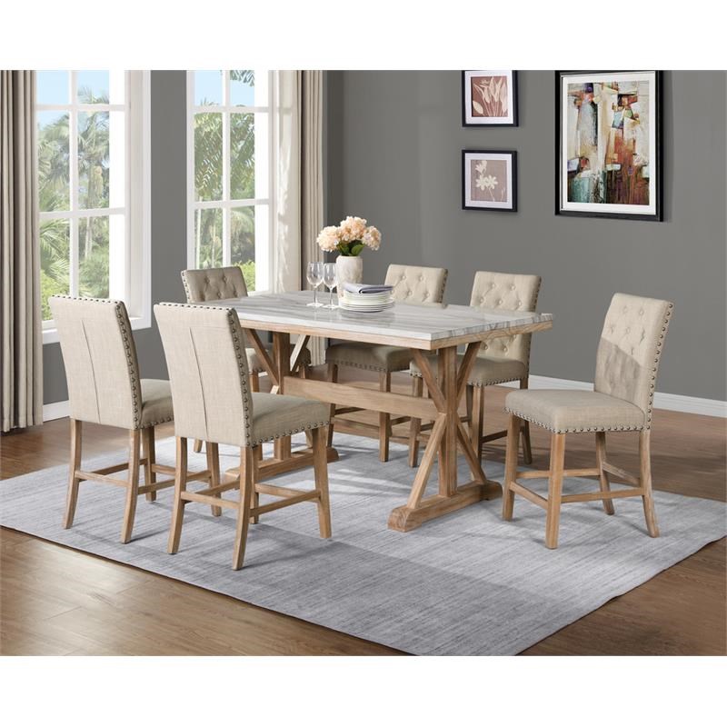 Counterheight 7pc Rustic Natural Wood Dining Set with Faux Marble and Chairs
