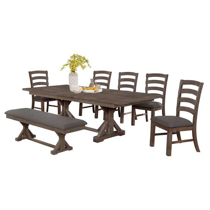 7pc Rustic Walnut Wood Dining Set with Gray Linen Bench and Chairs