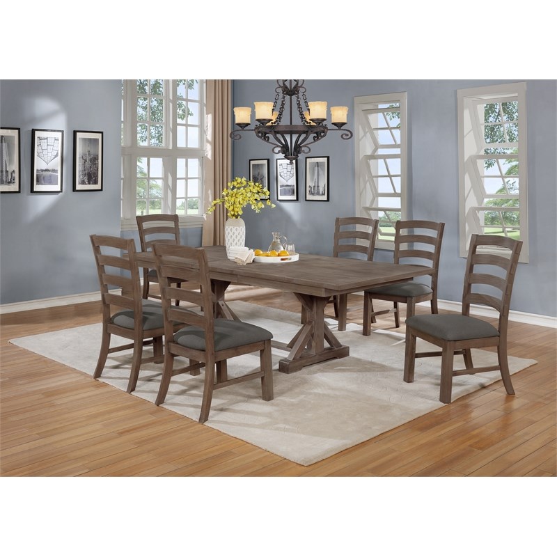 7pc Rustic Walnut Wood Dining Set with 6 Gray Linen Chairs