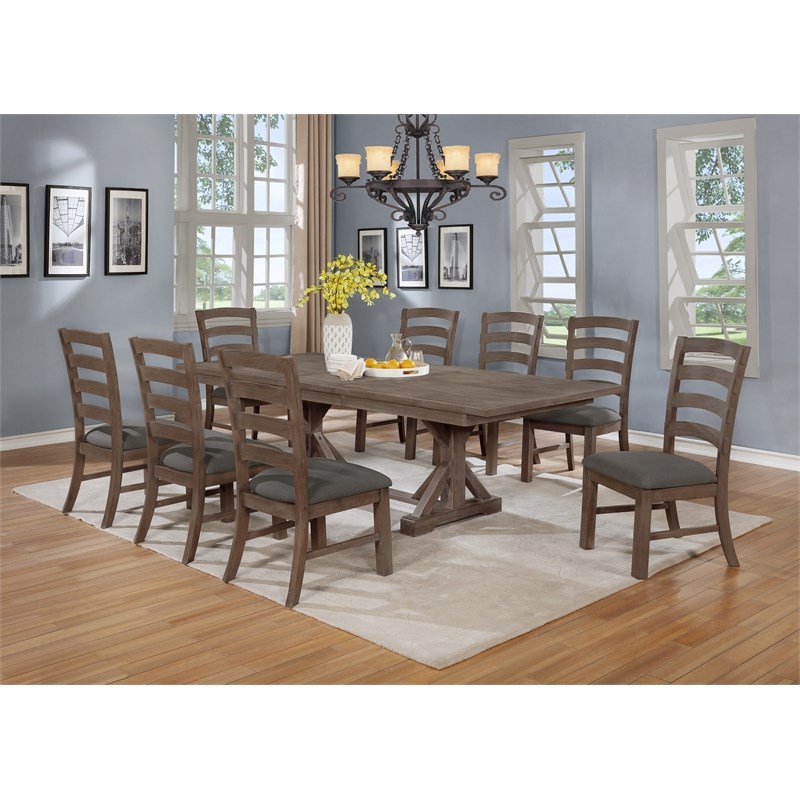 9pc Rustic Walnut Wood Dining Set with 8 Gray Linen Chairs