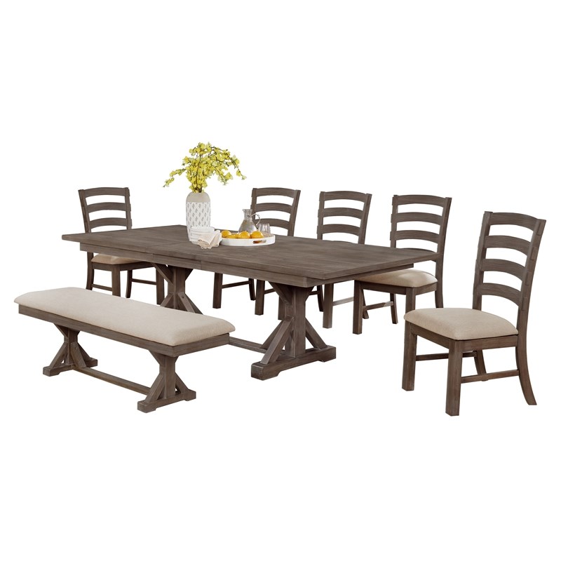 7pc Rustic Walnut Wood Dining Set with Beige Linen Bench and Chairs