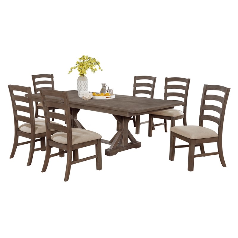 7pc Rustic Walnut Wood Dining Set with 6 Beige Linen Chairs