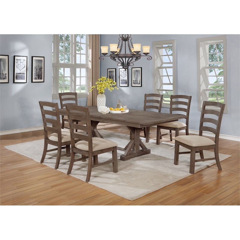 7pc Rustic Walnut Wood Dining Set with 6 Beige Linen Chairs