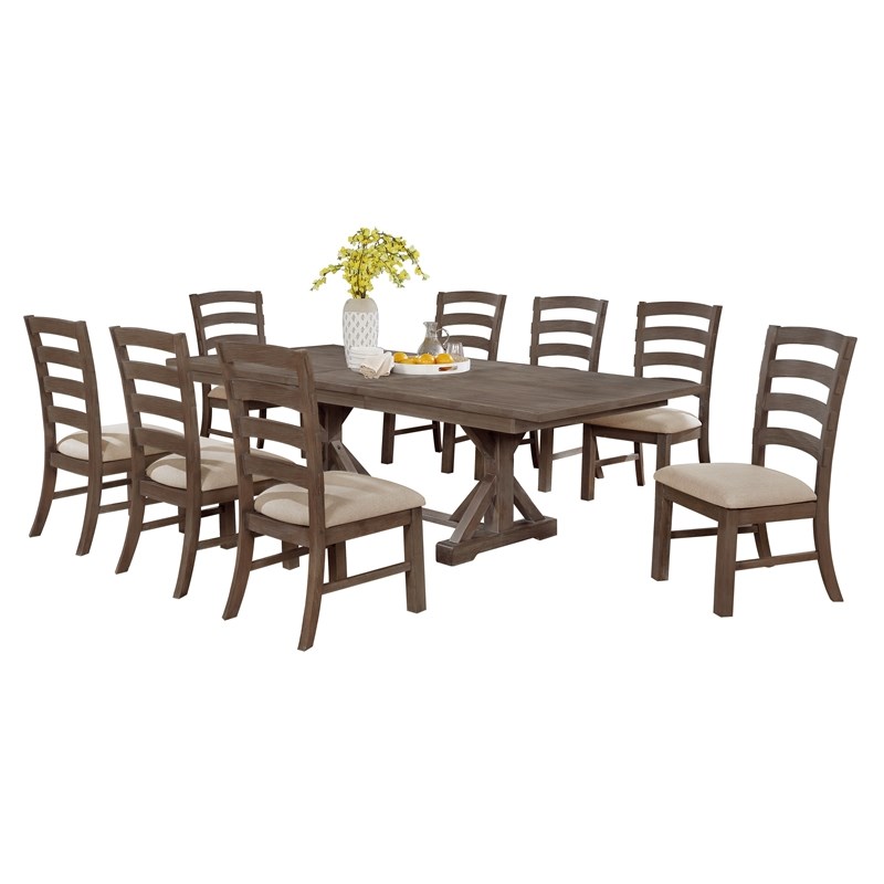 9pc Rustic Walnut Wood Dining Set with 8 Beige Linen Chairs