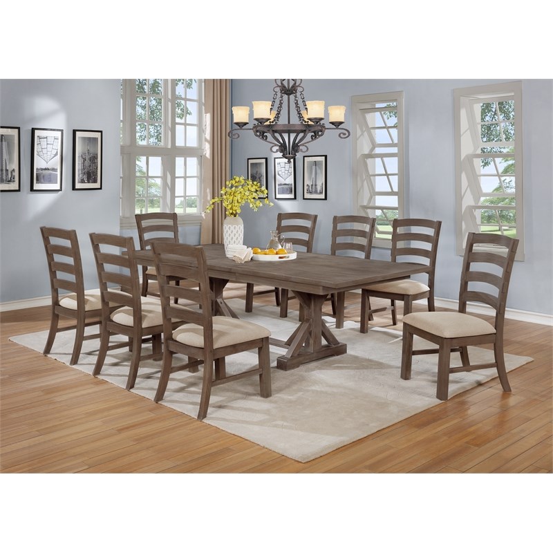 9pc Rustic Walnut Wood Dining Set with 8 Beige Linen Chairs